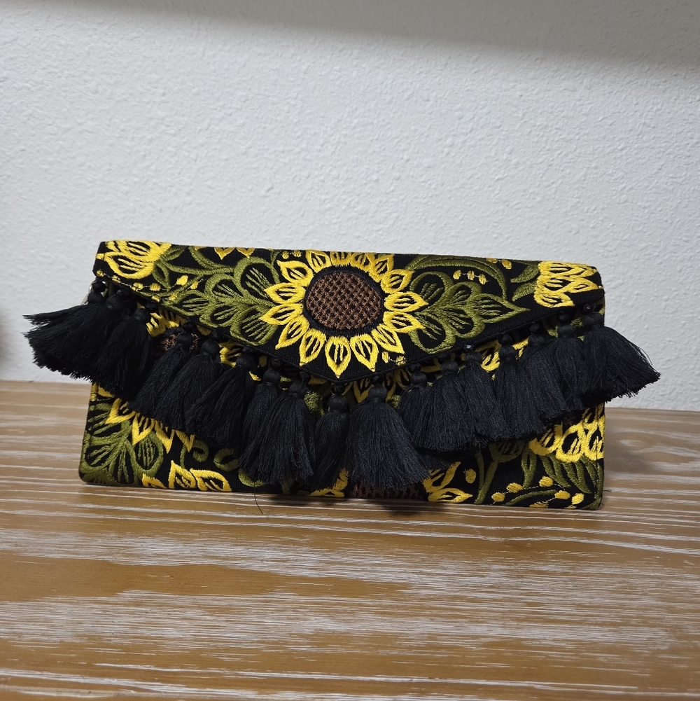 Embroidered Clutch with Tassels